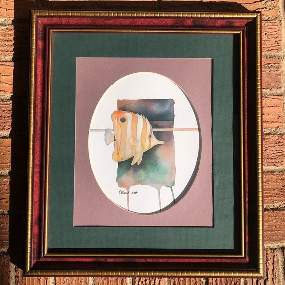 Vintage 1988 Paul Brent Framed Tropical Angelfish Watercolor Print Size 17.5”H